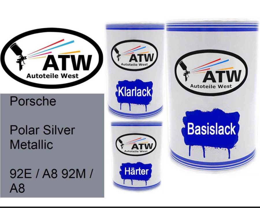 Porsche, Polar Silver Metallic, 92E / A8 92M / A8: 500ml Lackdose + 500ml Klarlack + 250ml Härter - Set, von ATW Autoteile West.
